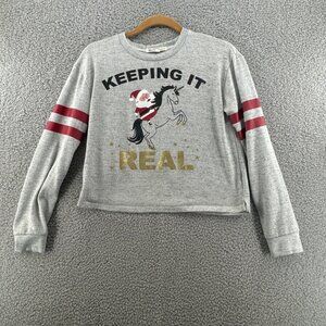 WallFlower Women's "Keeping It Real" Santa Unicorn Grey Cropped Sweatshirt M